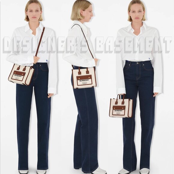 BURBERRY ivory Canvas FREYA Horseferry Logo Leather trim Crossbody Tote Bag NWT - Picture 7 of 11
